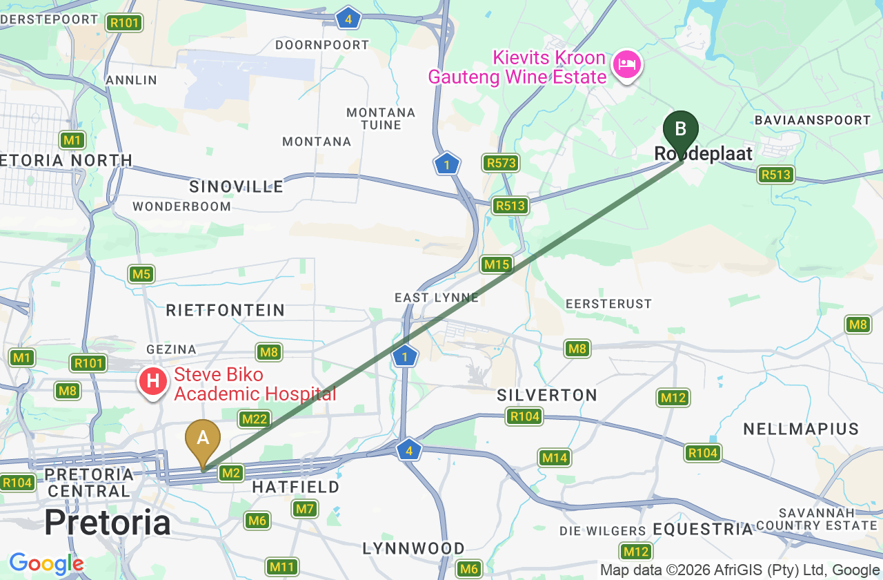 Map showing the route from Arcadia to Roodepark Eco City 2