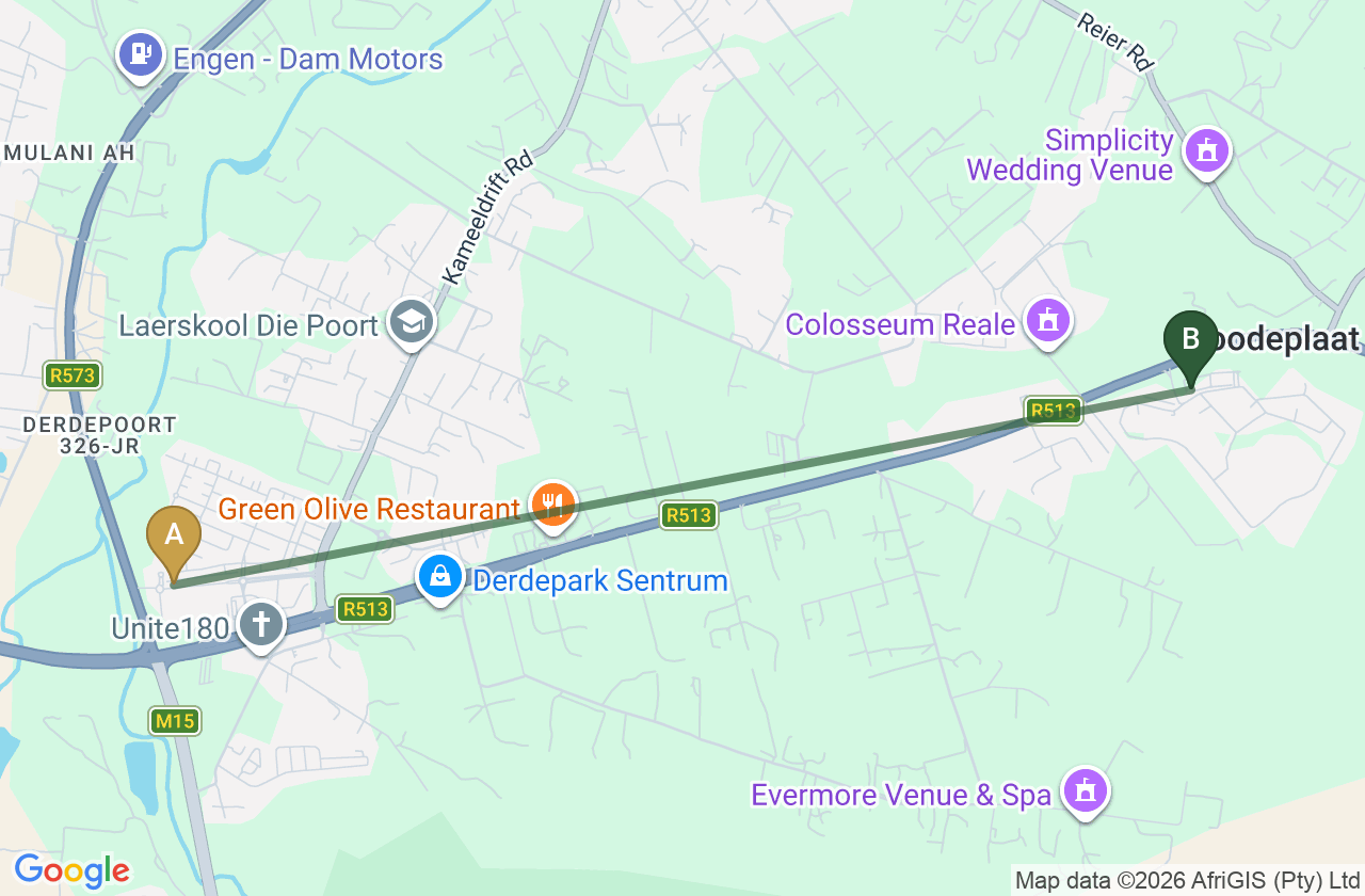 Map showing the route from Derdepoort to Roodepark Eco City 2