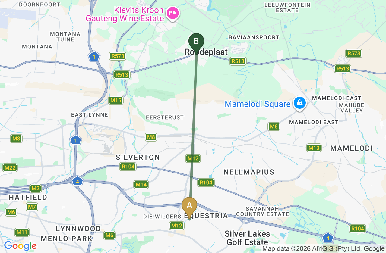 Map showing the route from Die Wilgers to Roodepark Eco City 2