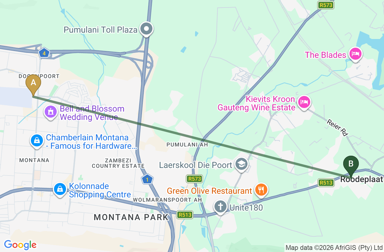 Map showing the route from Doornpoort to Roodepark Eco City 2