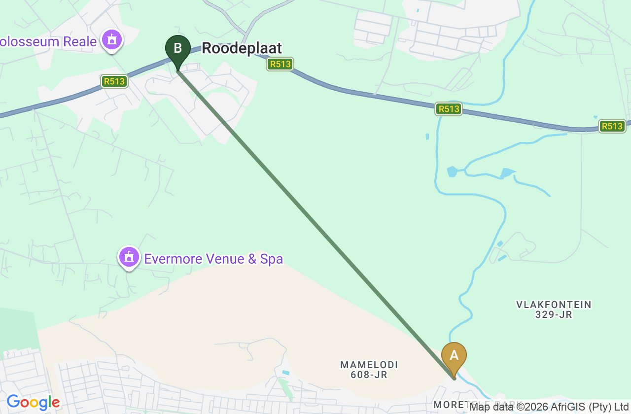 Map showing the route from Eersterust to Roodepark Eco City 2