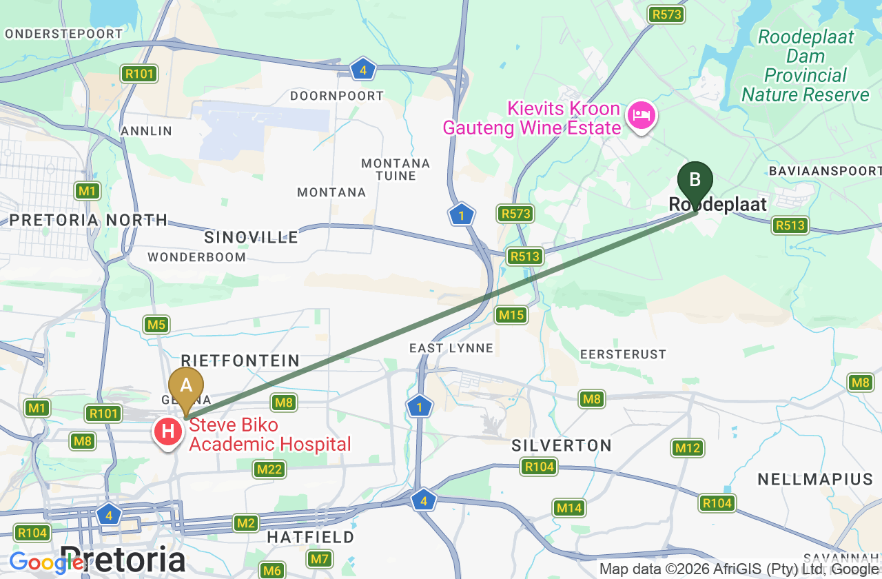 Map showing the route from Gezina to Roodepark Eco City 2
