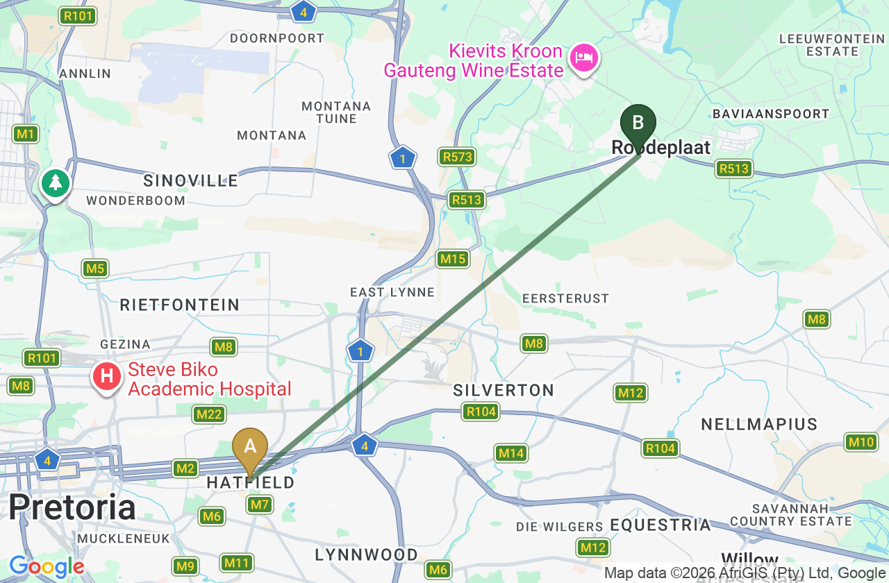 Map showing the route from Hatfield to Roodepark Eco City 2