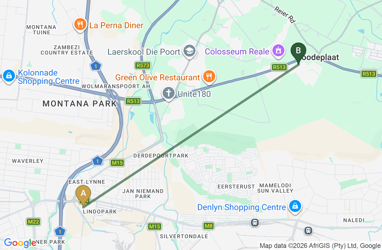 Map showing the route from Kilner Park to Roodepark Eco City 2