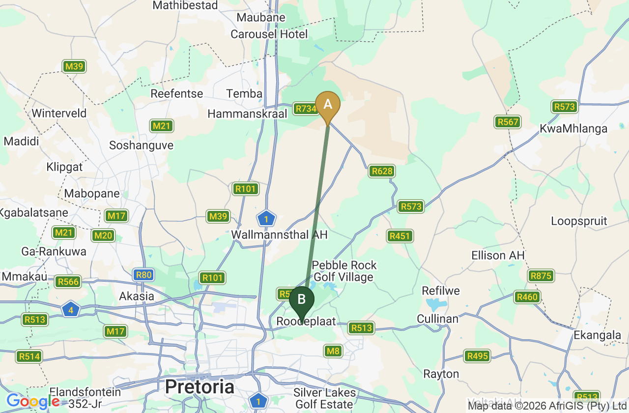 Map showing the route from Dinokeng Game Reserve to Roodepark Eco City 2