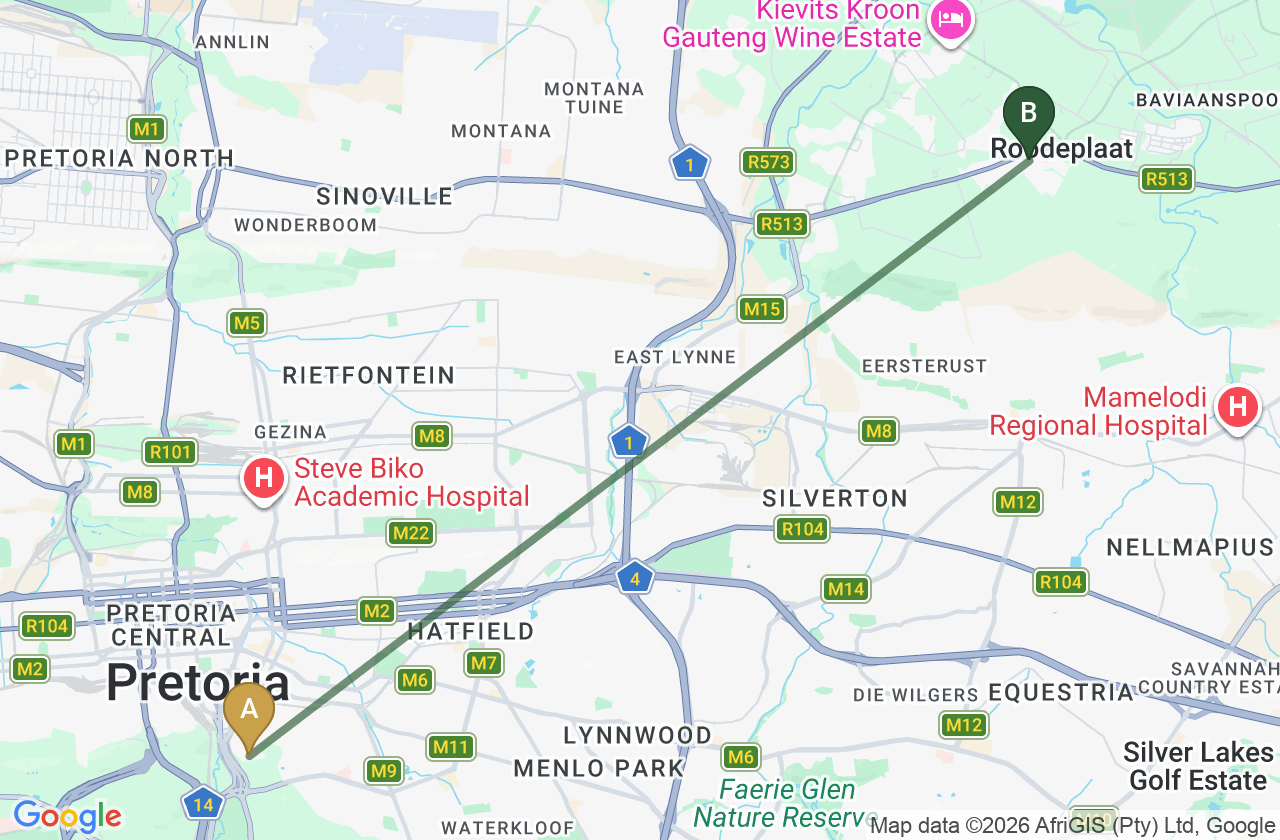 Map showing the route from Unisa Main Campus to Roodepark Eco City 2