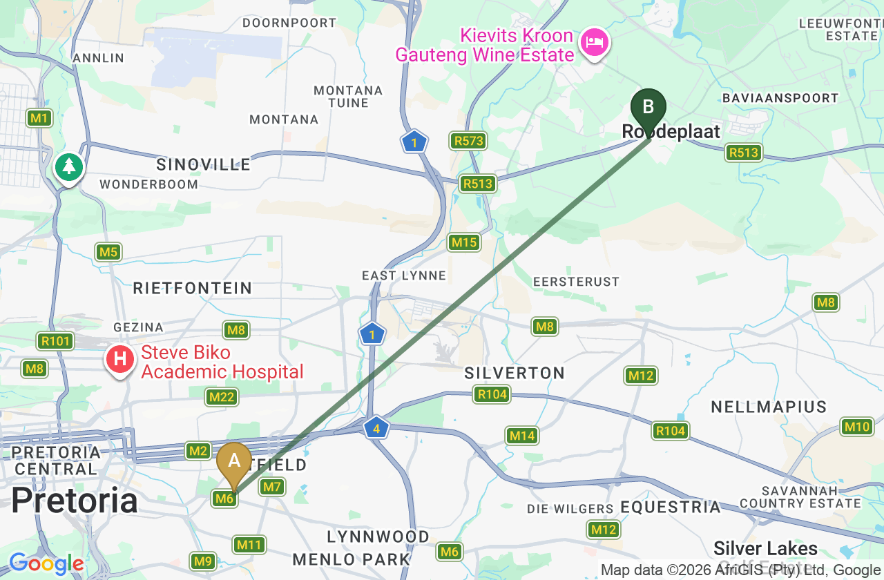 Map showing the route from University of Pretoria to Roodepark Eco City 2