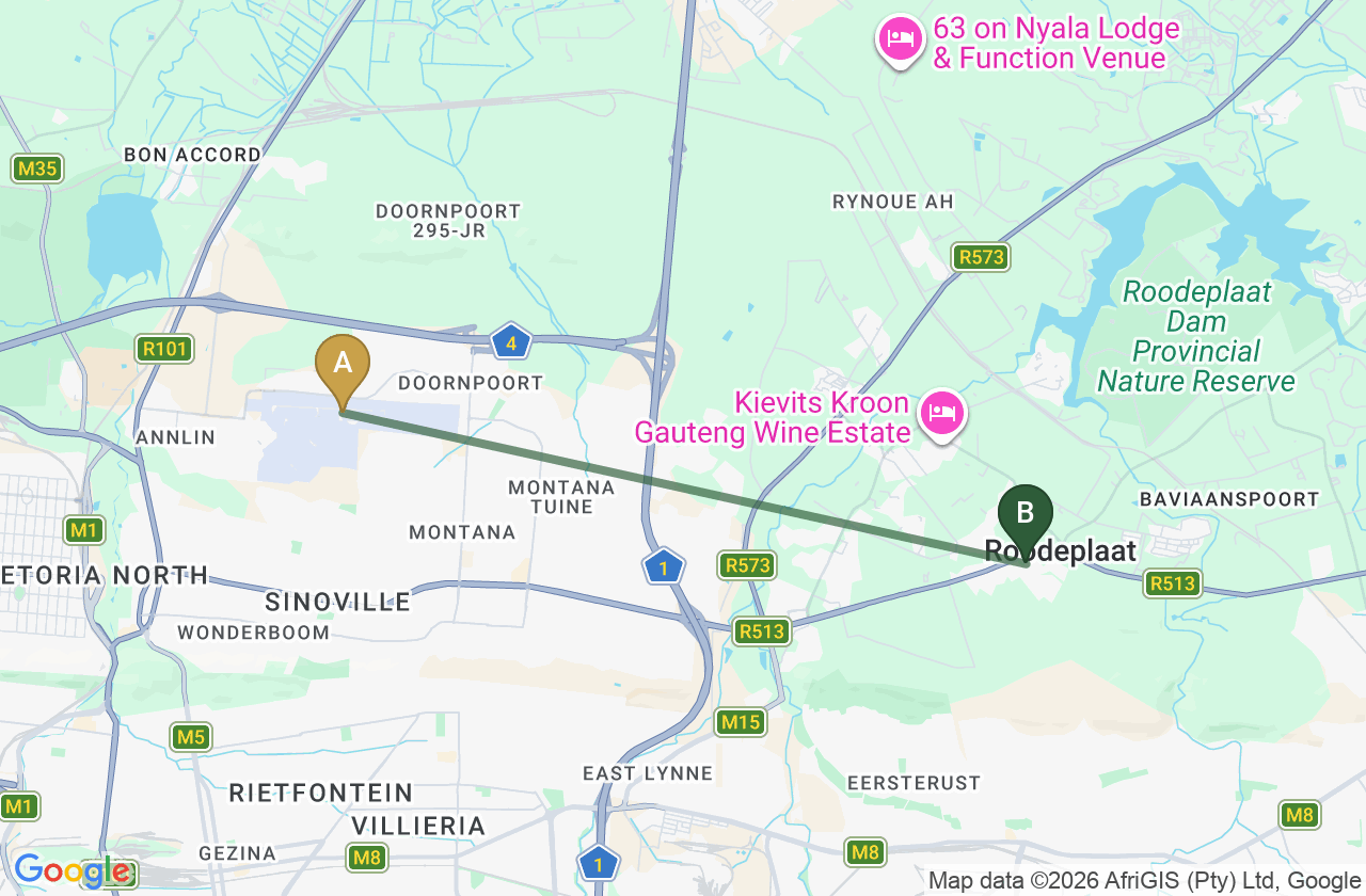 Map showing the route from Wonderboom National Airport to Roodepark Eco City 2