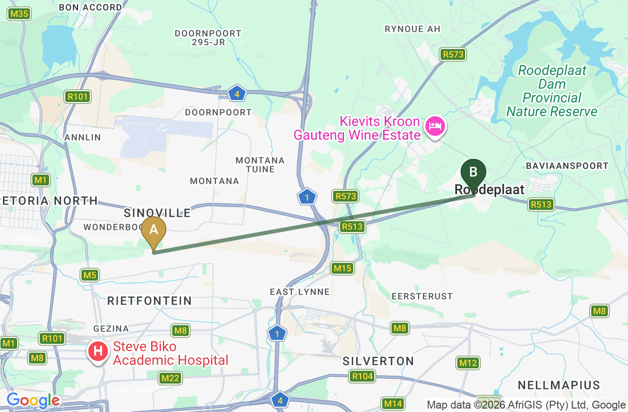 Map showing the route from Magalieskruin to Roodepark Eco City 2
