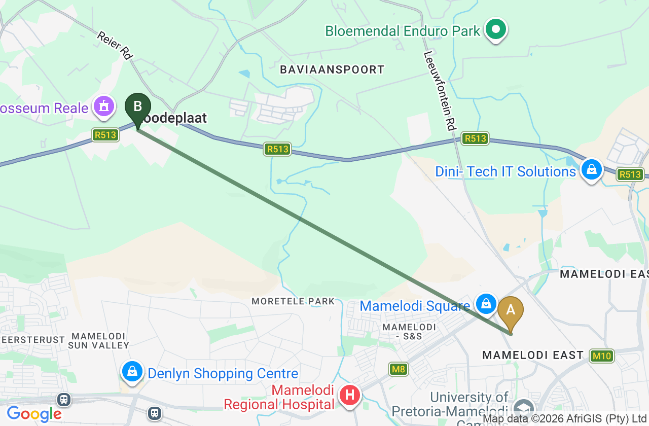 Map showing the route from Mamelodi to Roodepark Eco City 2