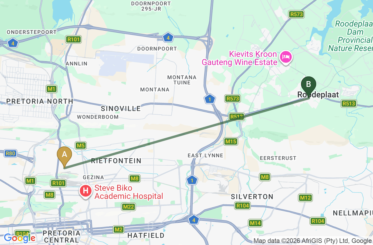 Map showing the route from Mayville to Roodepark Eco City 2