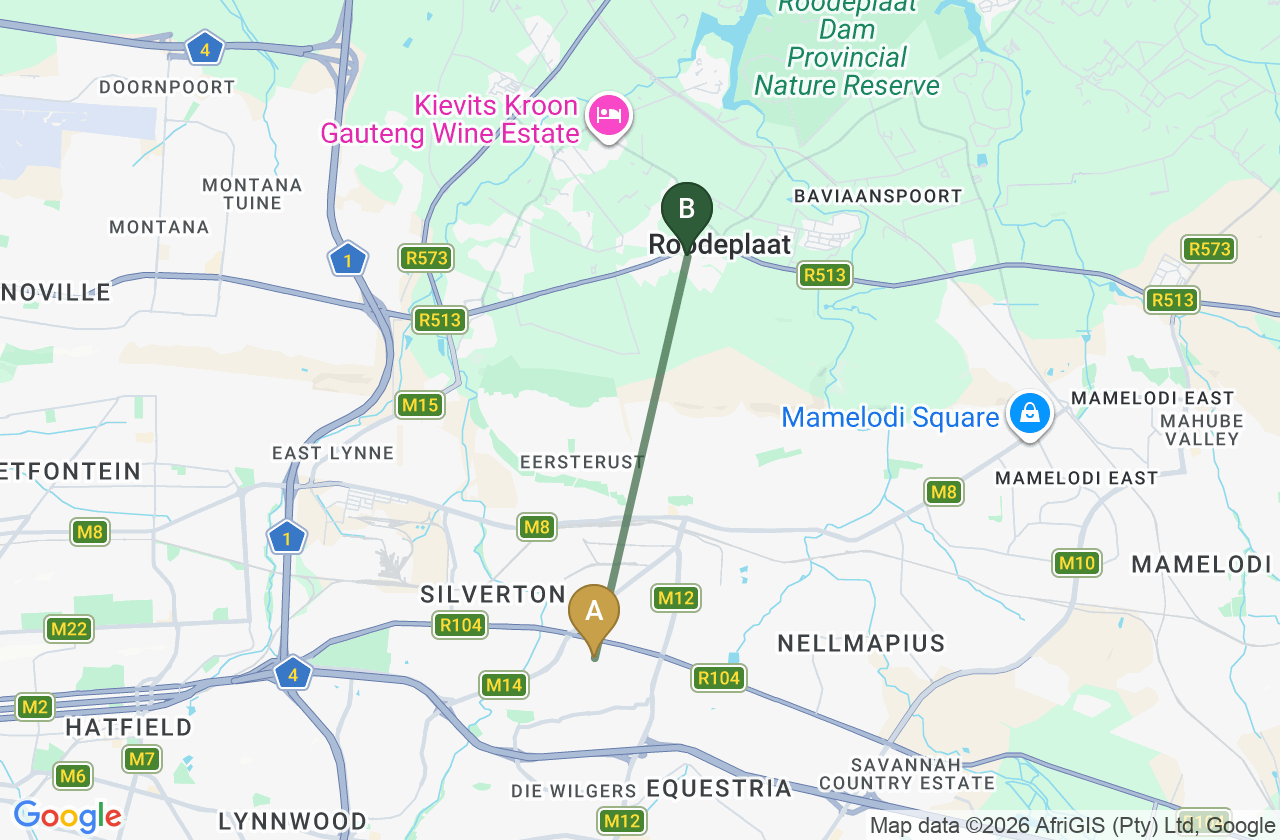 Map showing the route from Meyerspark to Roodepark Eco City 2