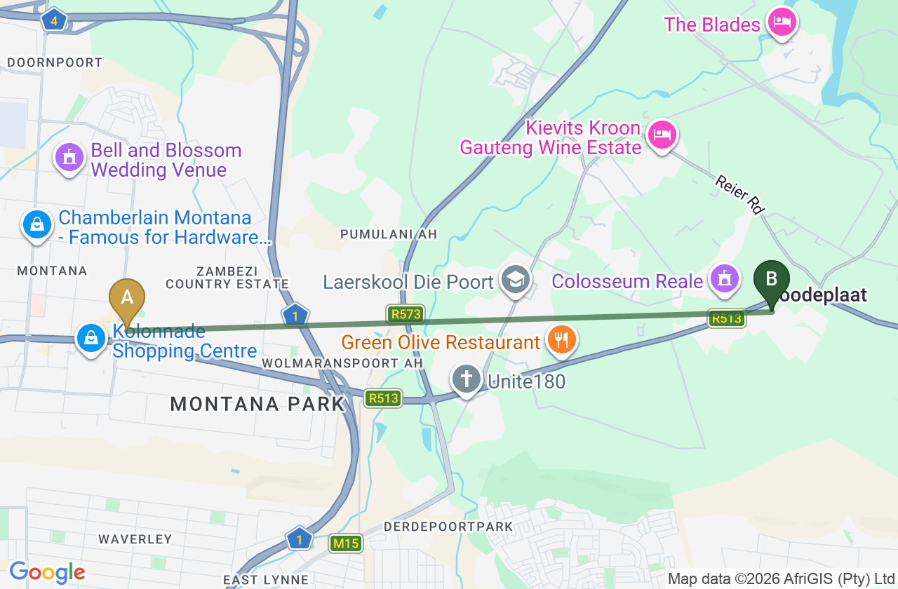 Map showing the route from Montana Park to Roodepark Eco City 2
