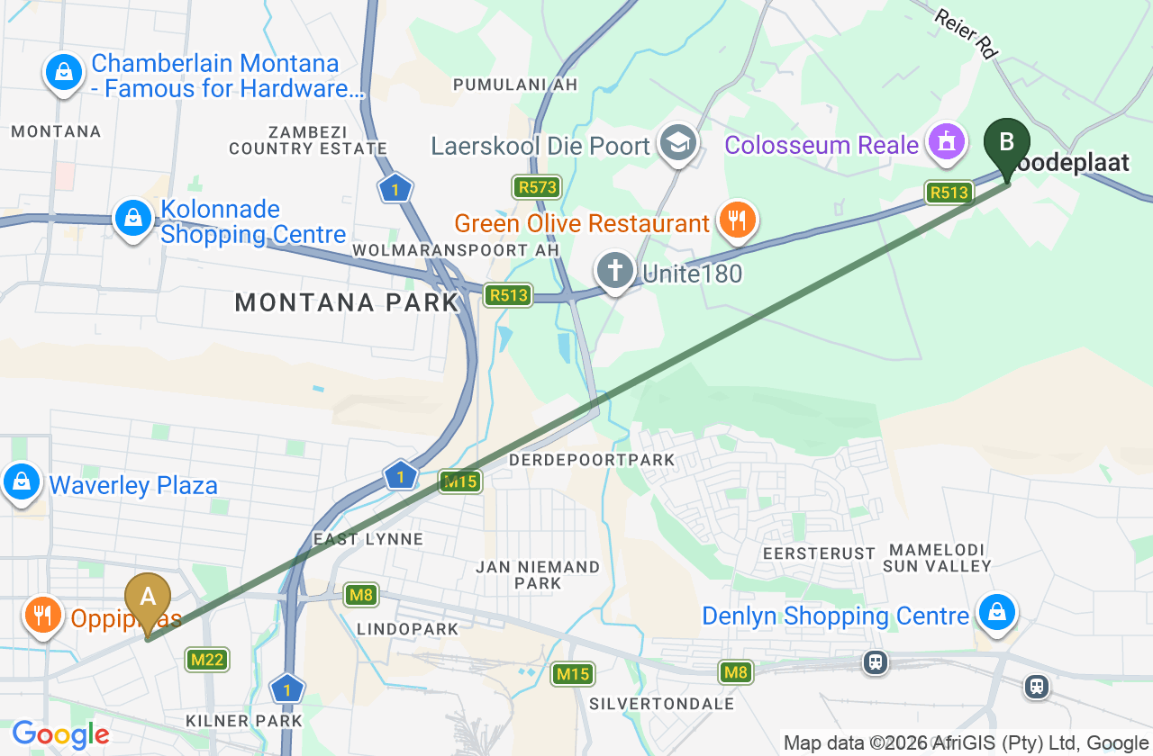 Map showing the route from Moregloed to Roodepark Eco City 2