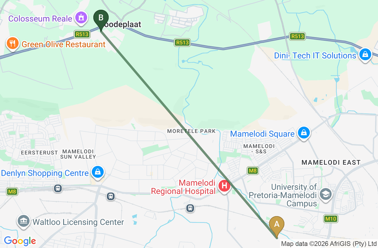 Map showing the route from Nellmapius to Roodepark Eco City 2