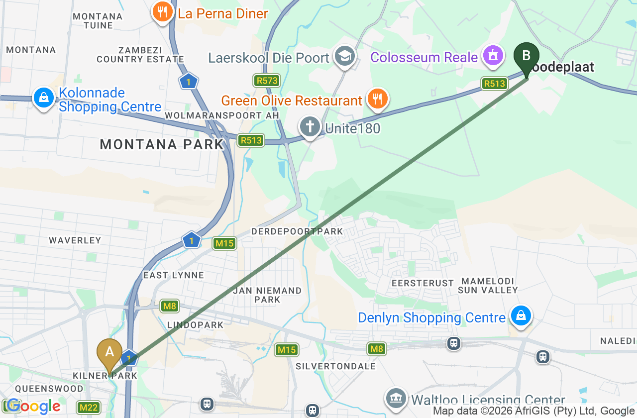 Map showing the route from Queenswood to Roodepark Eco City 2