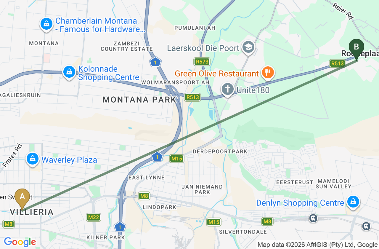 Map showing the route from Rietfontein to Roodepark Eco City 2