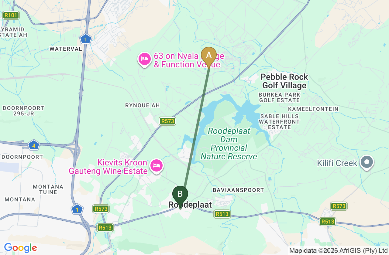 Map showing the route from Roodeplaat to Roodepark Eco City 2