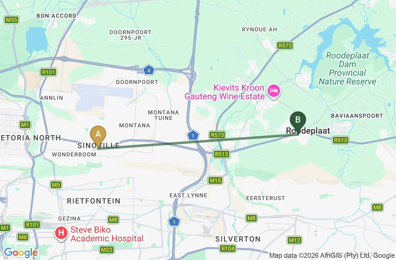 Map showing the route from Sinoville to Roodepark Eco City 2