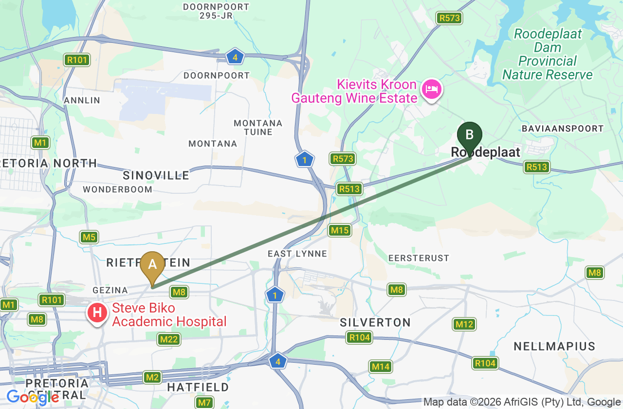 Map showing the route from Villieria to Roodepark Eco City 2