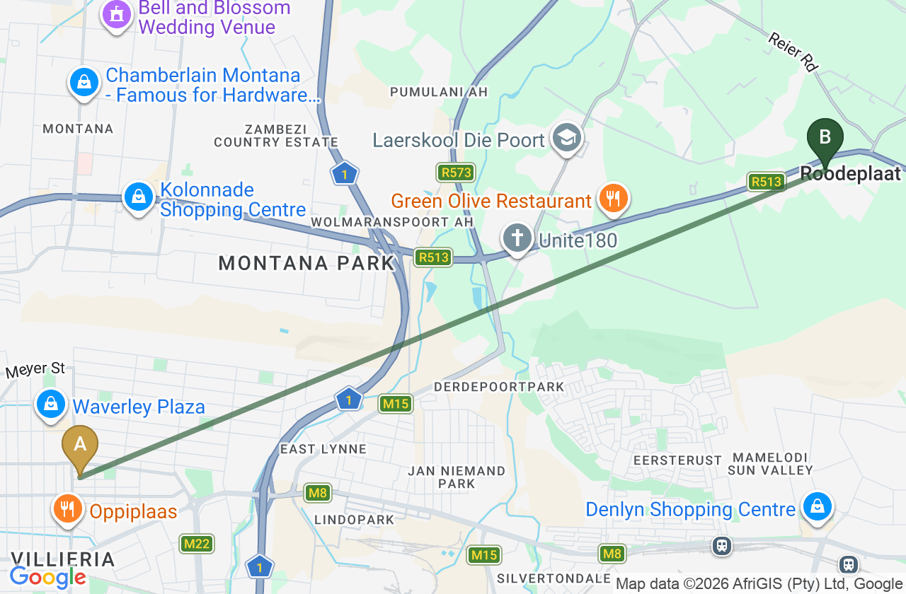 Map showing the route from Waverley to Roodepark Eco City 2