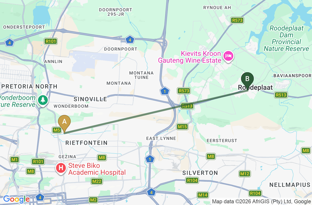 Map showing the route from Wonderboom to Roodepark Eco City 2